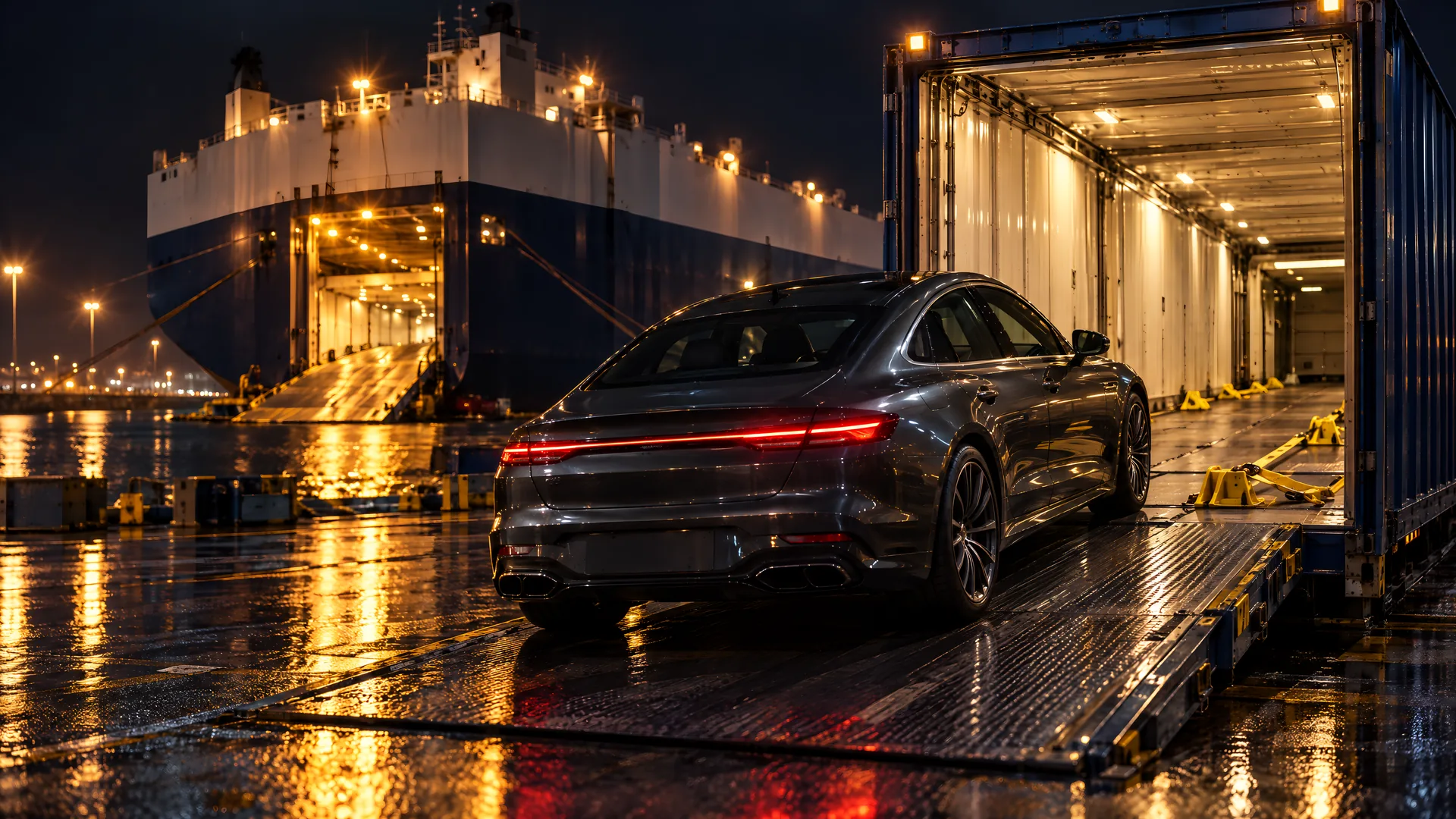 Unbranded luxury sports sedan driving up a ramp into an enclosed container at a port at night