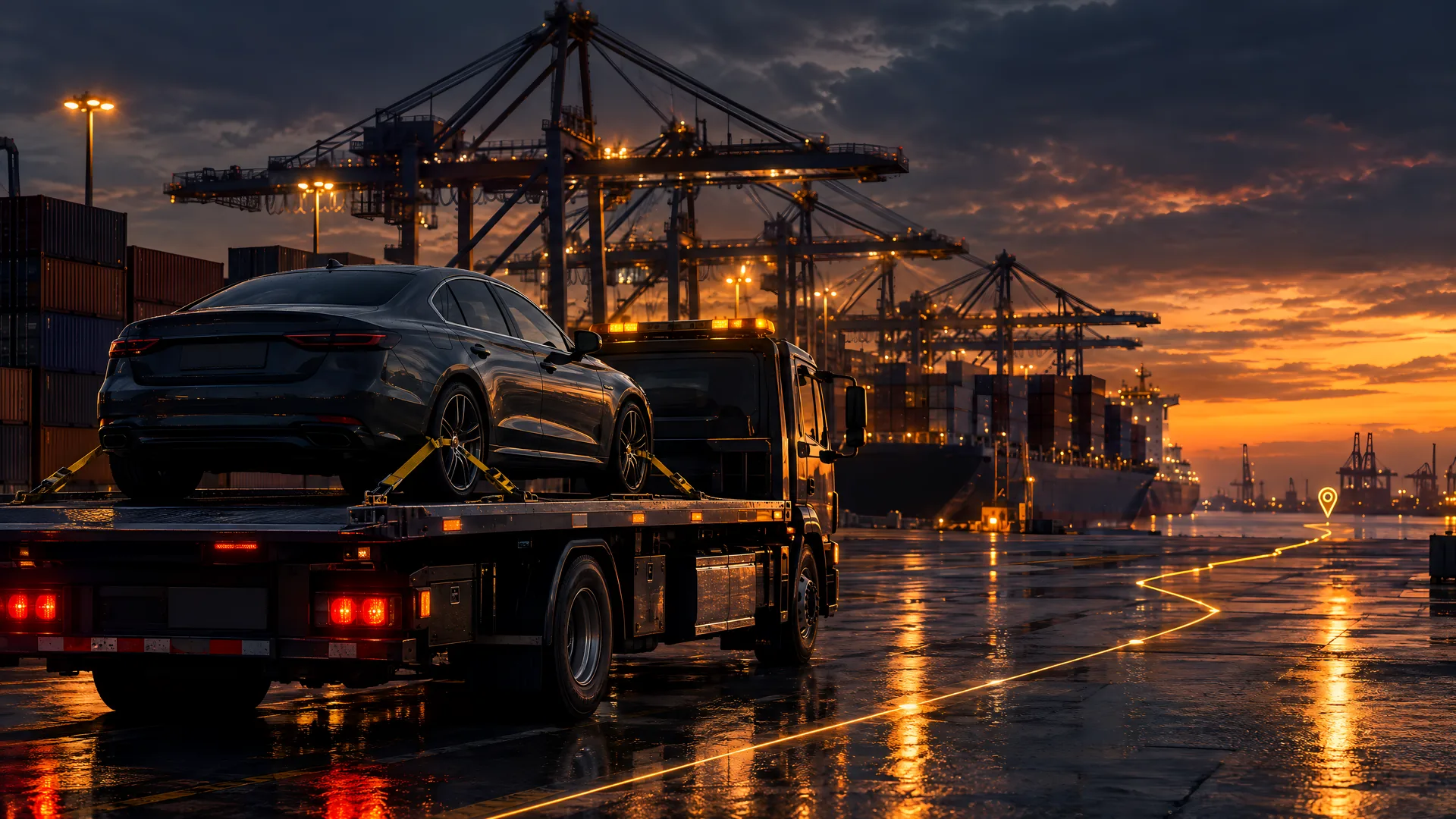 Car secured on a flatbed tow truck at a port at dusk