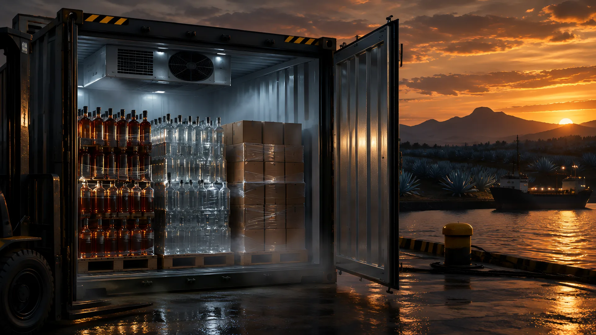 Pallets of tequila bottle cases ready to load into a container