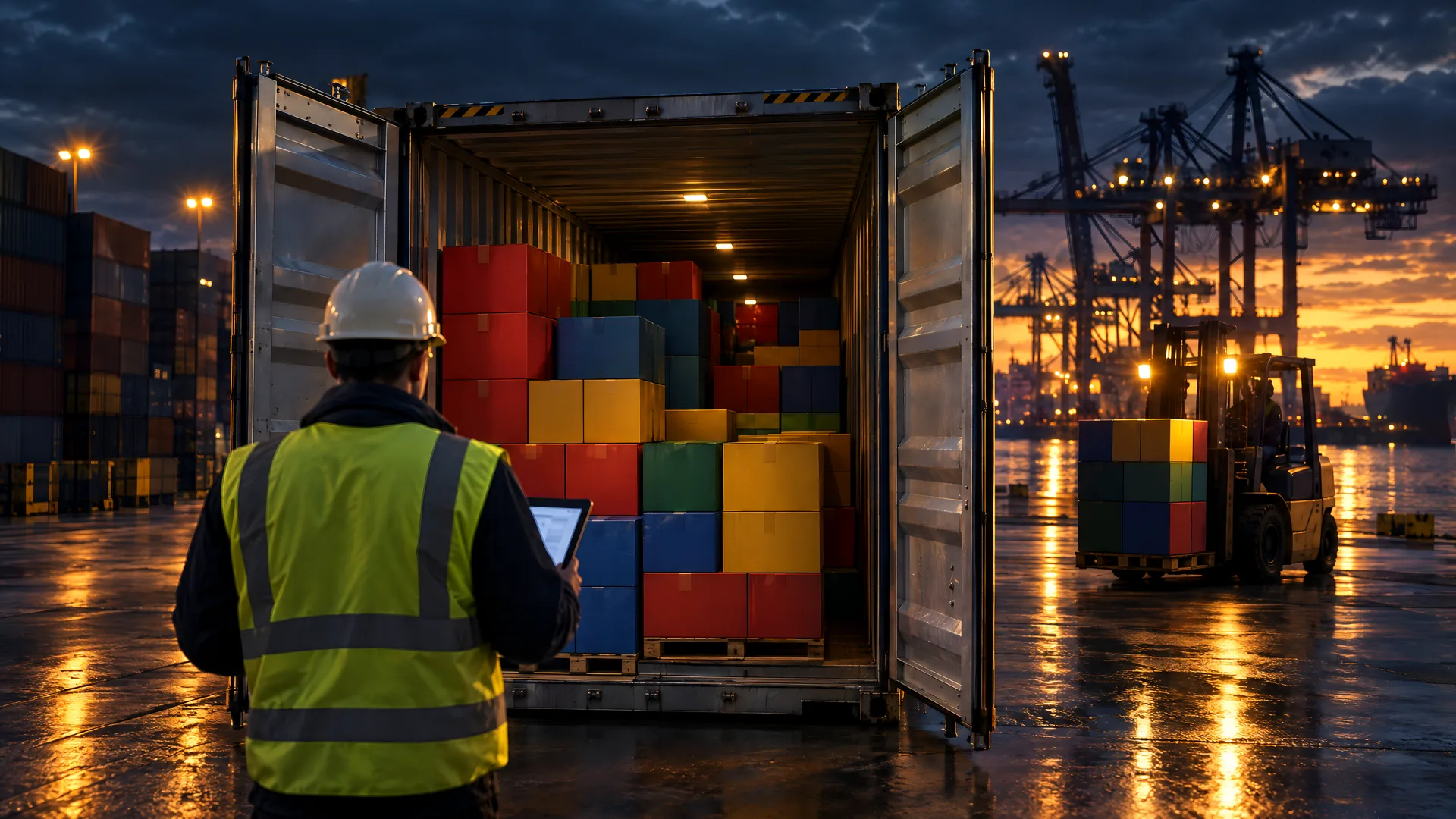 Inspector checking colorful toy cartons loaded into a container at a port at dusk