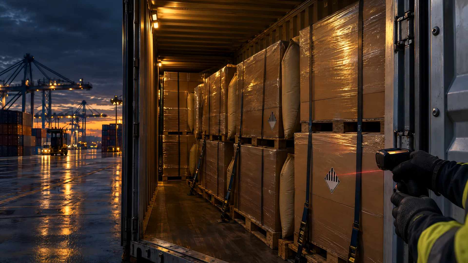 Shrink-wrapped electronics cartons secured inside a container, with a class 9 dangerous goods label