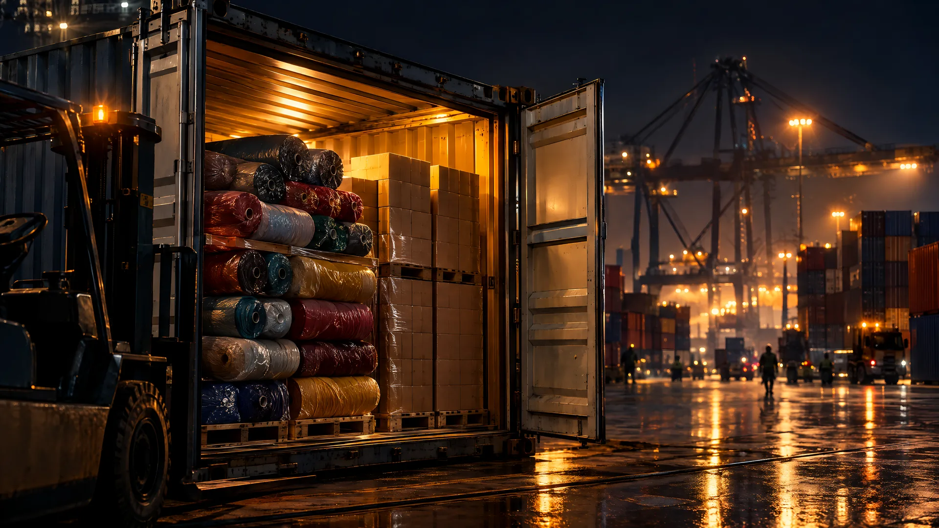 Fabric rolls and cartons loaded into a container at a Chinese port at night