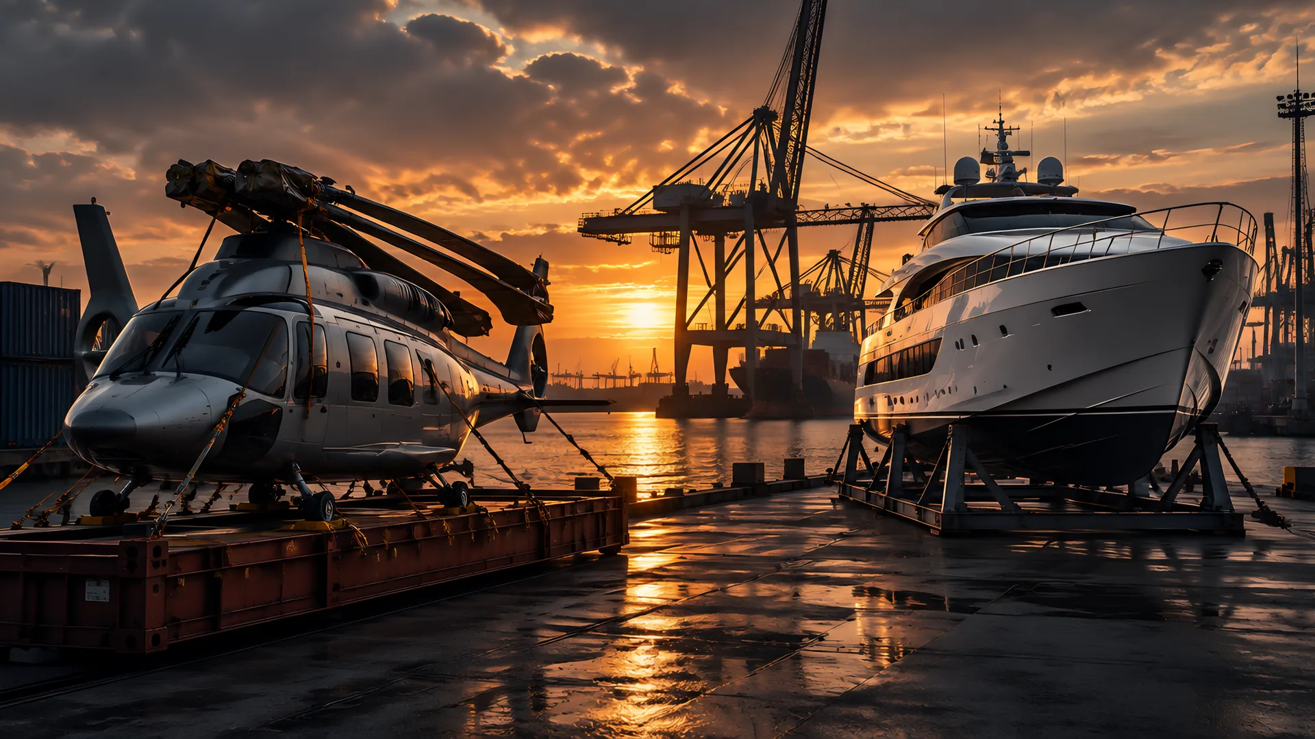Yacht on a custom cradle being lifted by a port crane at dusk
