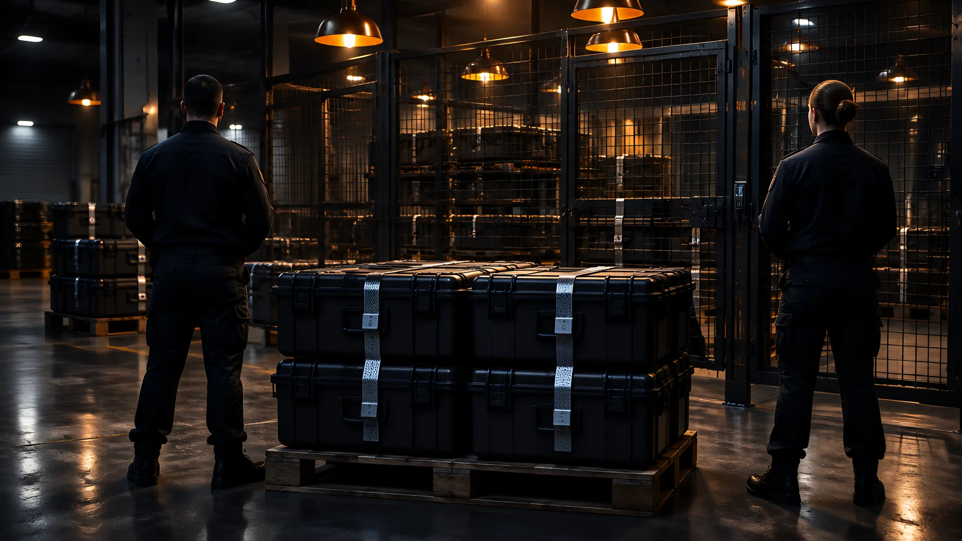 Sealed crates with security seals and documents in an access-controlled warehouse