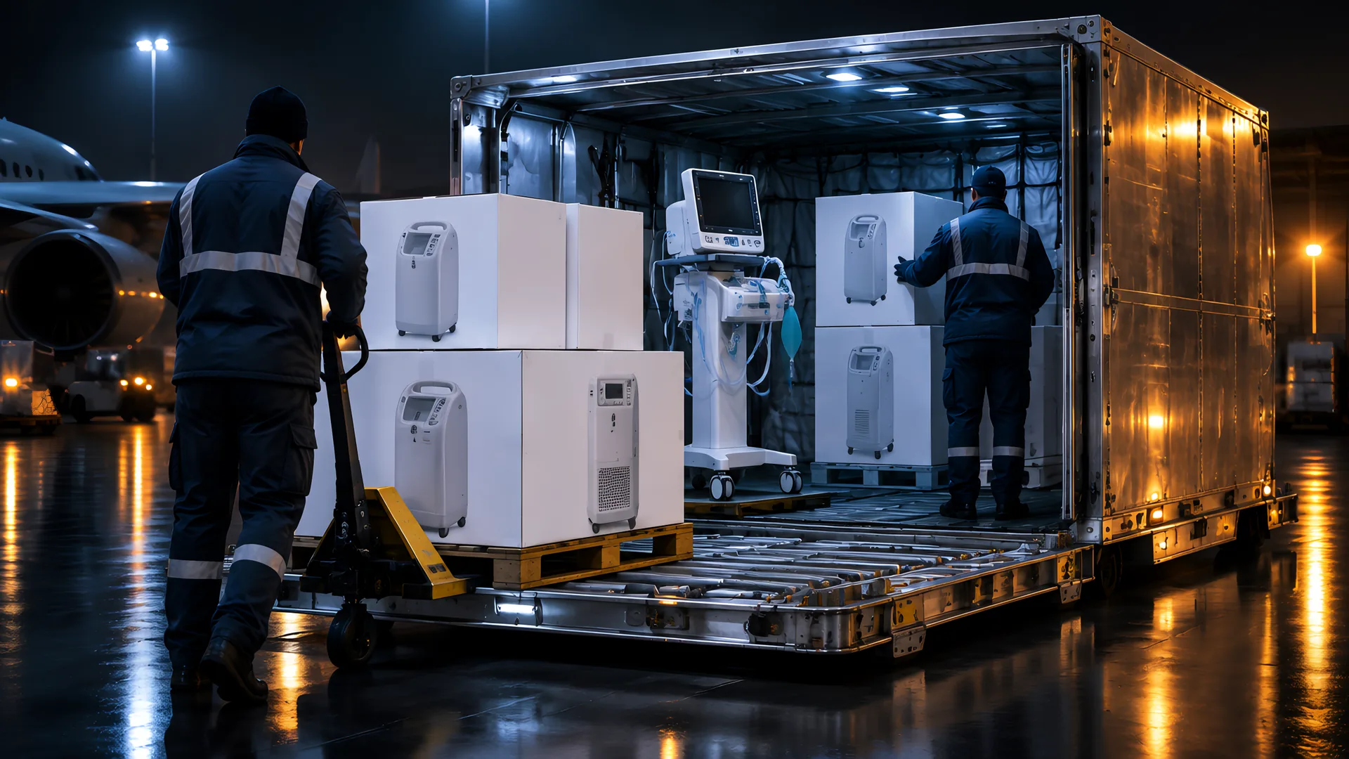 Medical equipment cases loaded onto a cargo aircraft on the tarmac