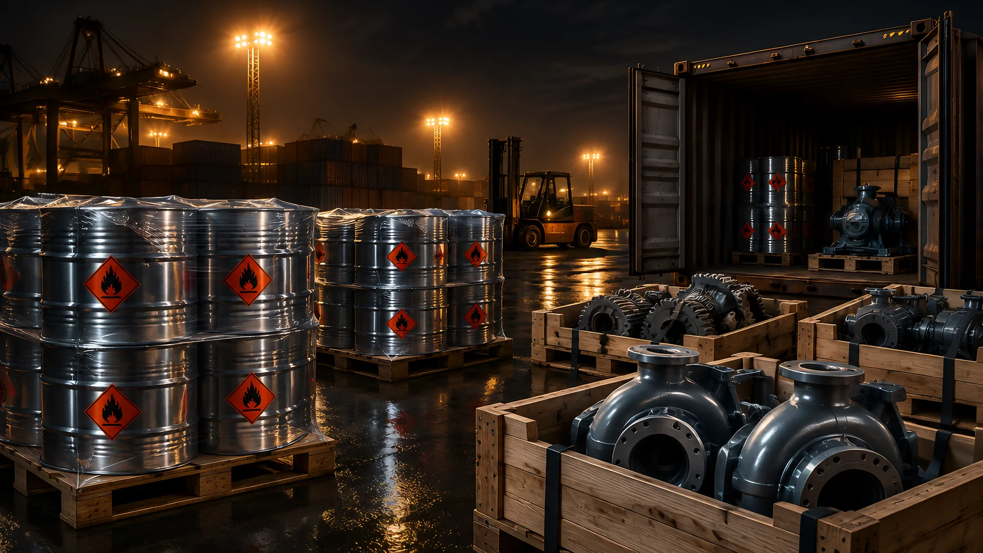 Chemical drums with hazard class labels and an industrial machine lashed on a flat rack