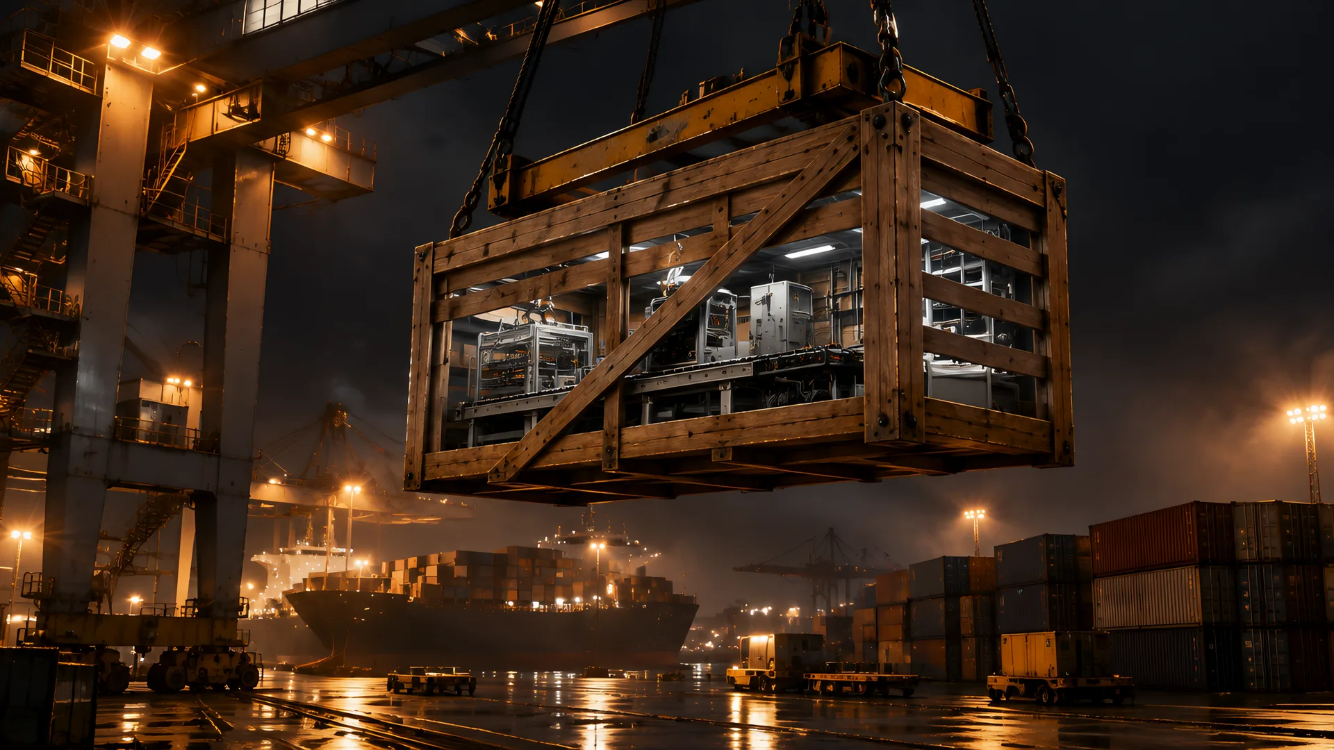 Electronics assembly machinery packed in wooden crates at a port