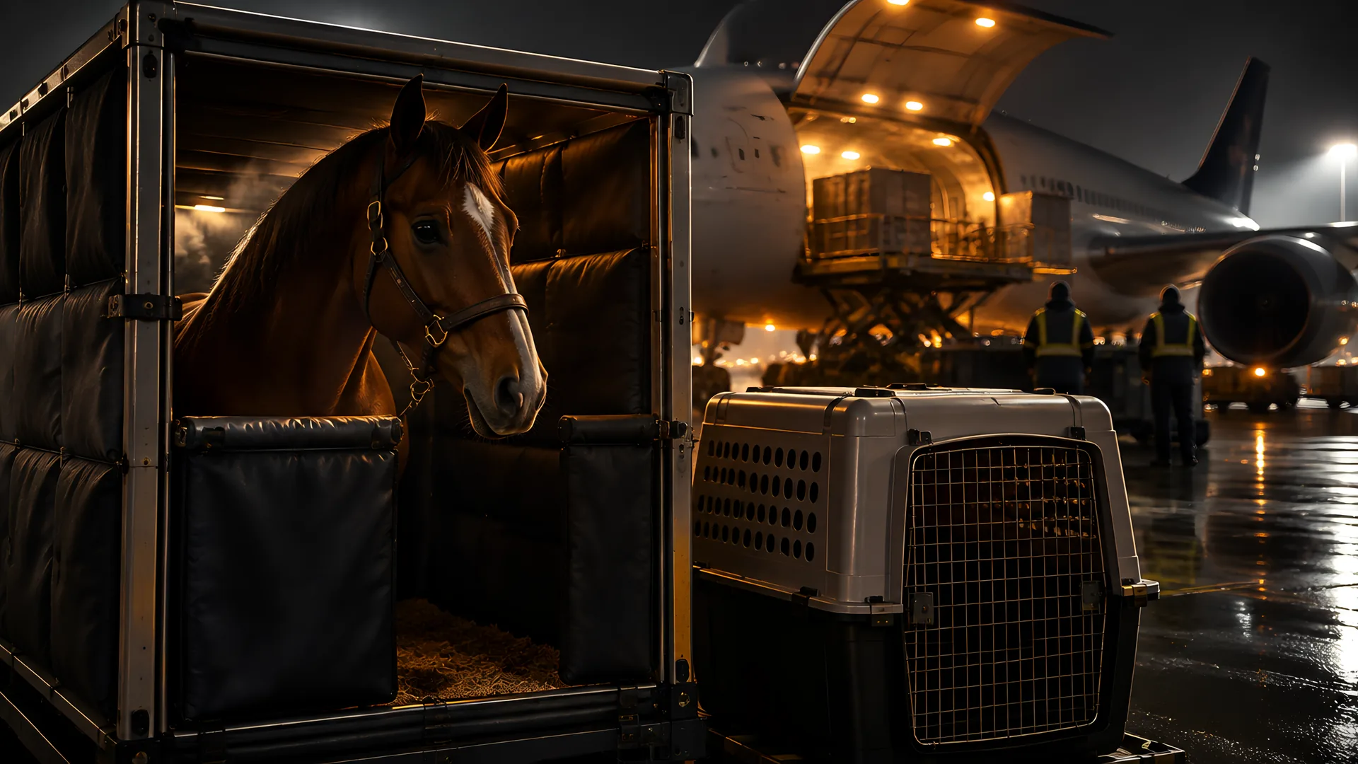 Horse in an air transport stall next to a cargo aircraft at dawn