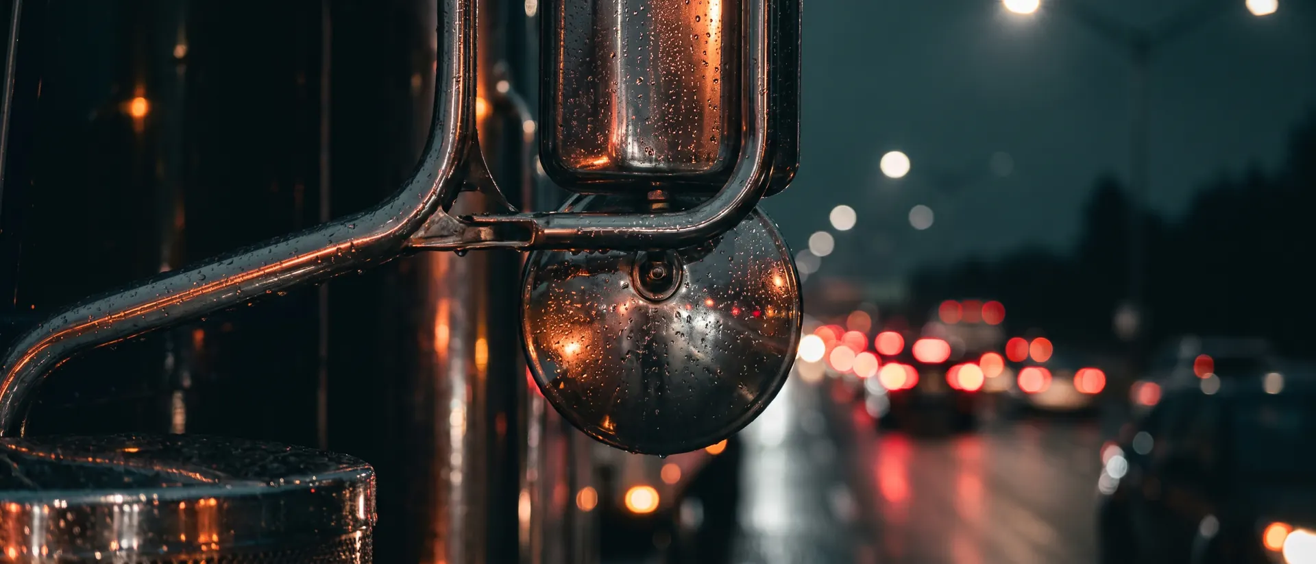 Espejo de un tráiler reflejando una larga fila de luces traseras de noche