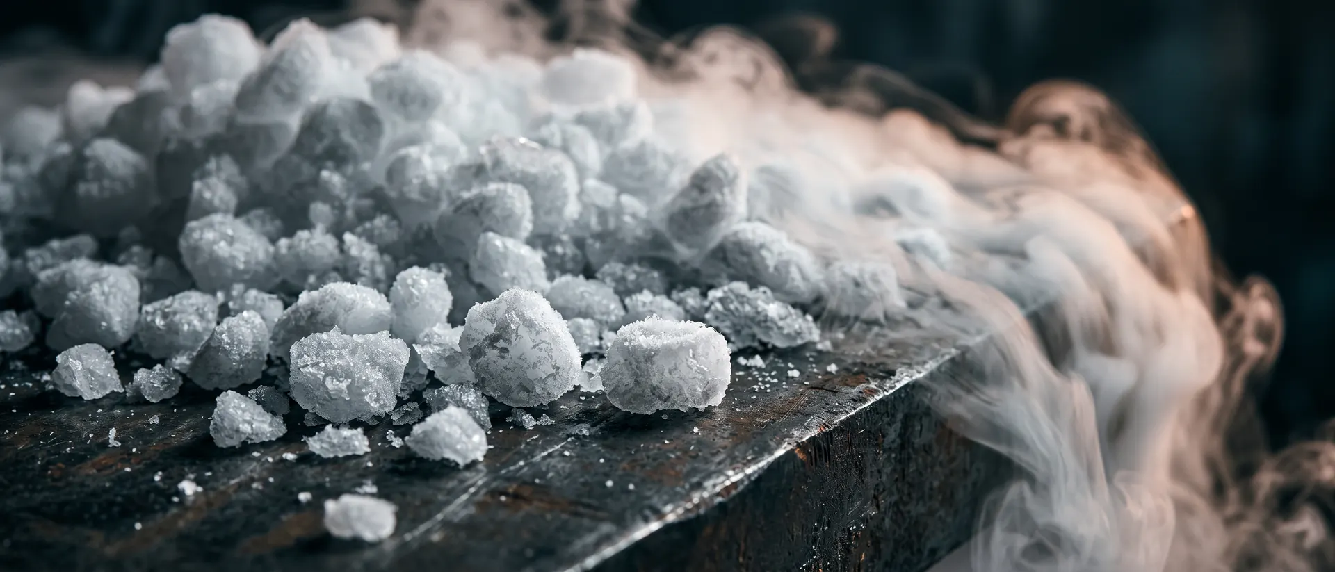 Pellets de hielo seco sobre acero oscuro con niebla densa de dióxido de carbono desbordando