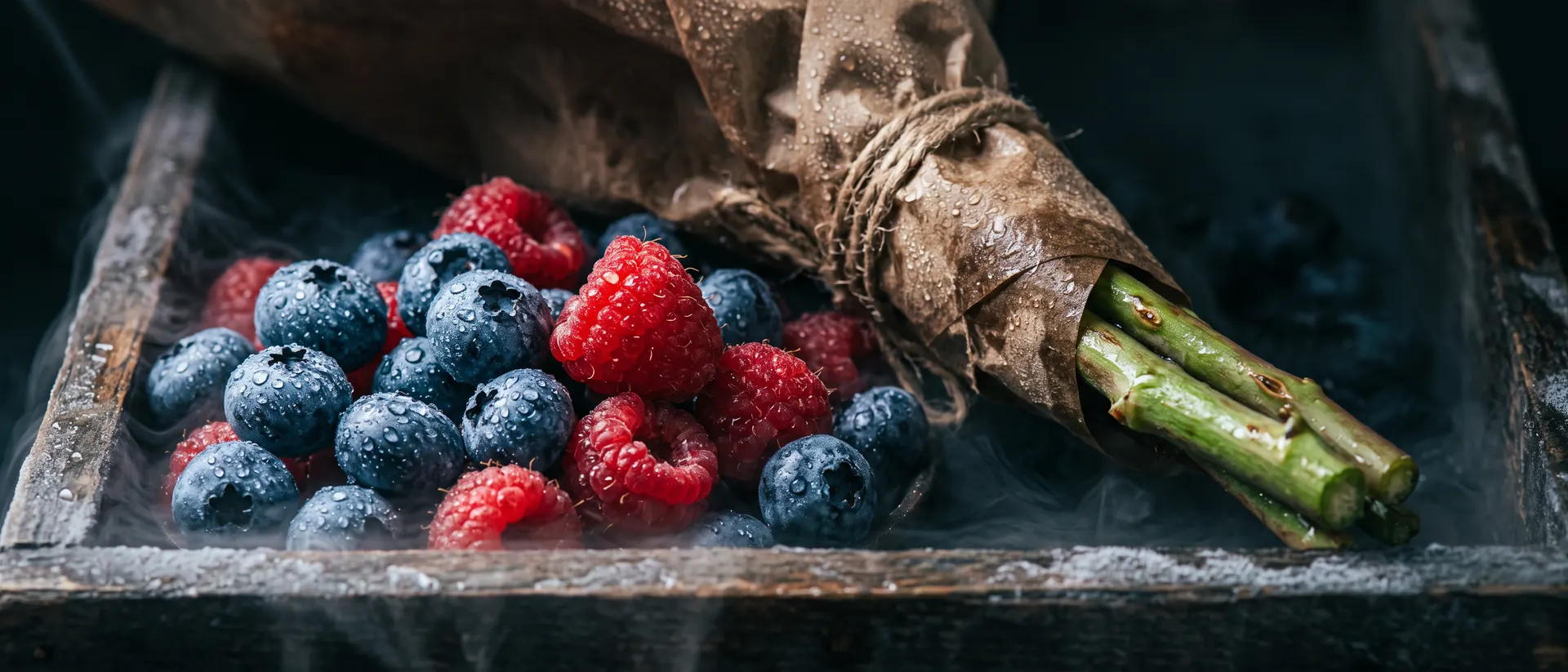 Berries con condensación junto a un tallo de flor cortada en una caja de exportación