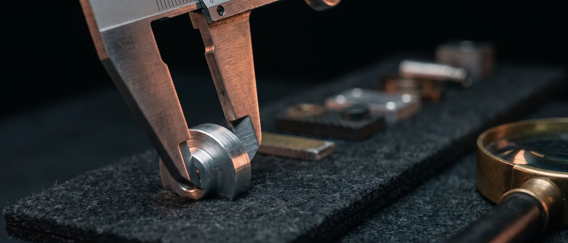 Vernier de acero midiendo una pieza de aluminio junto a otras muestras de mercancía