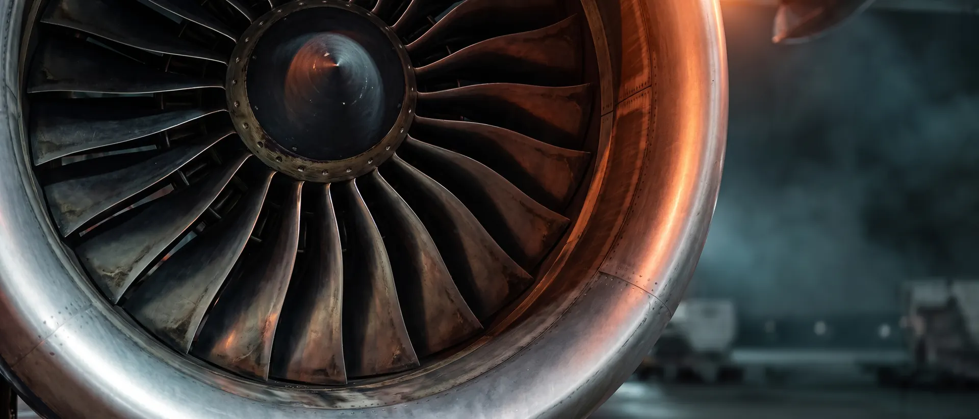 Titanium fan blades inside the intake of a widebody freighter engine