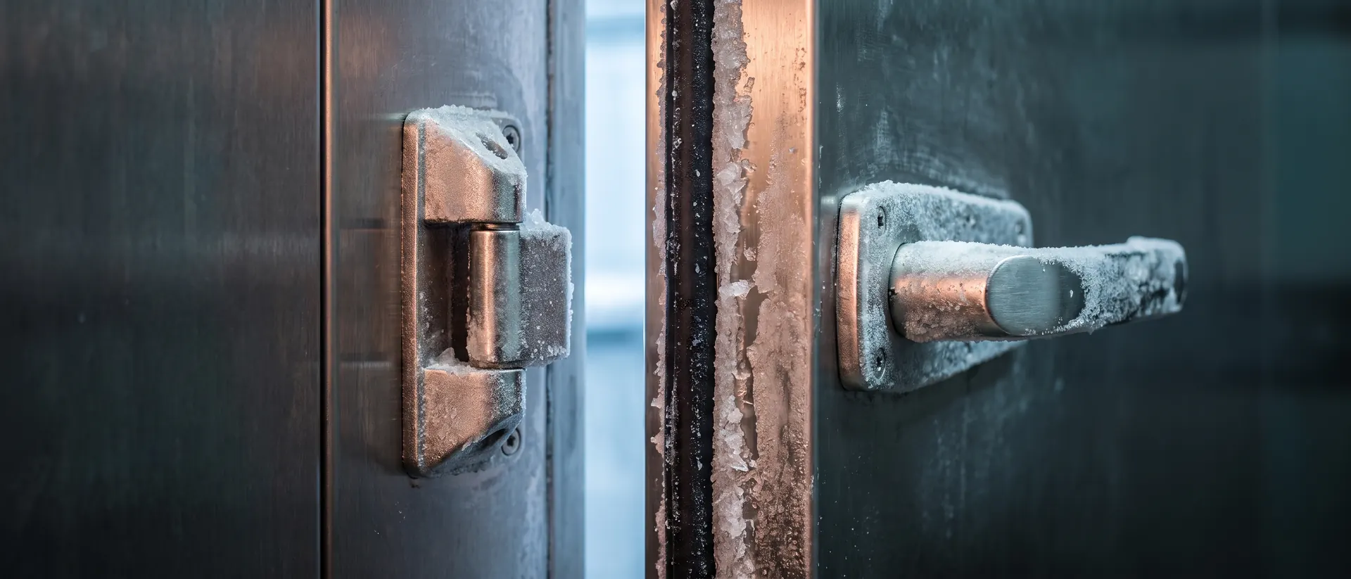 Frost crusting the latch and gasket of an insulated cold room door