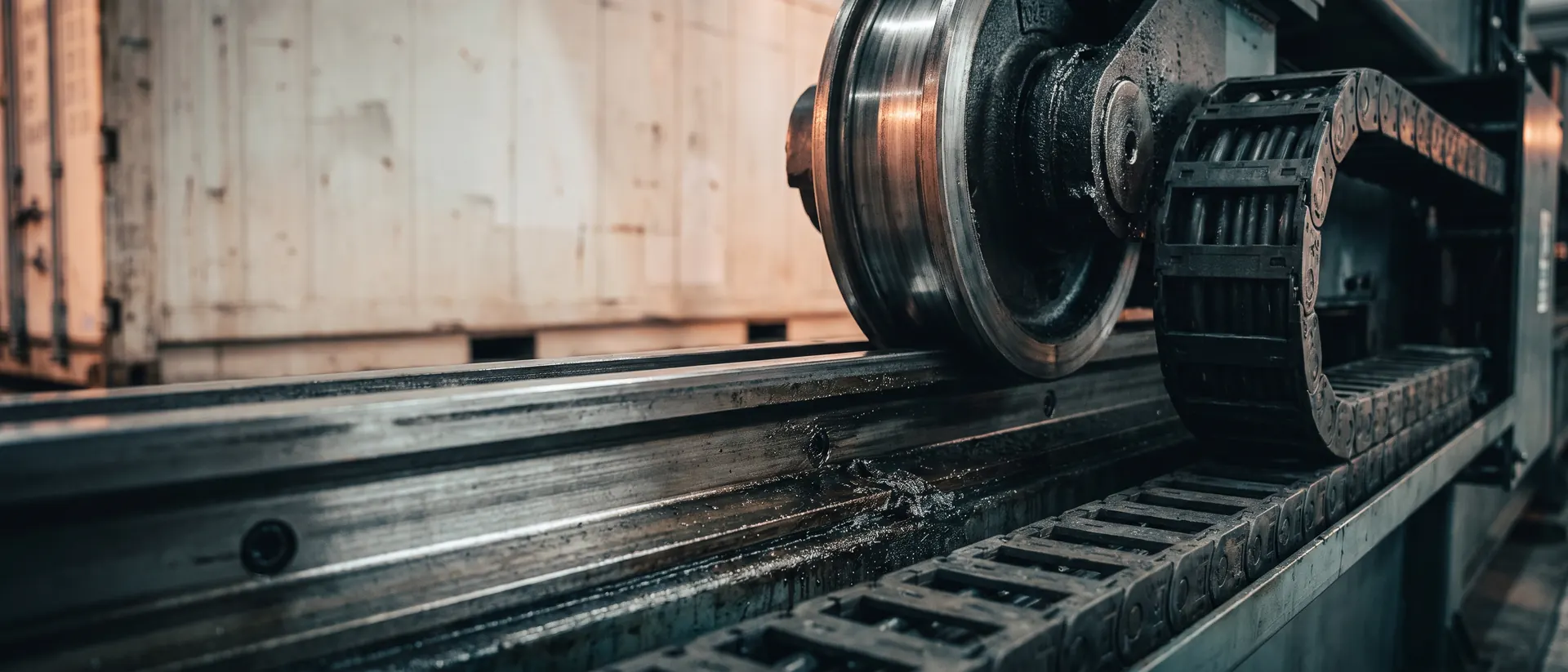 Guide rail and drive wheel of a container scanning gantry