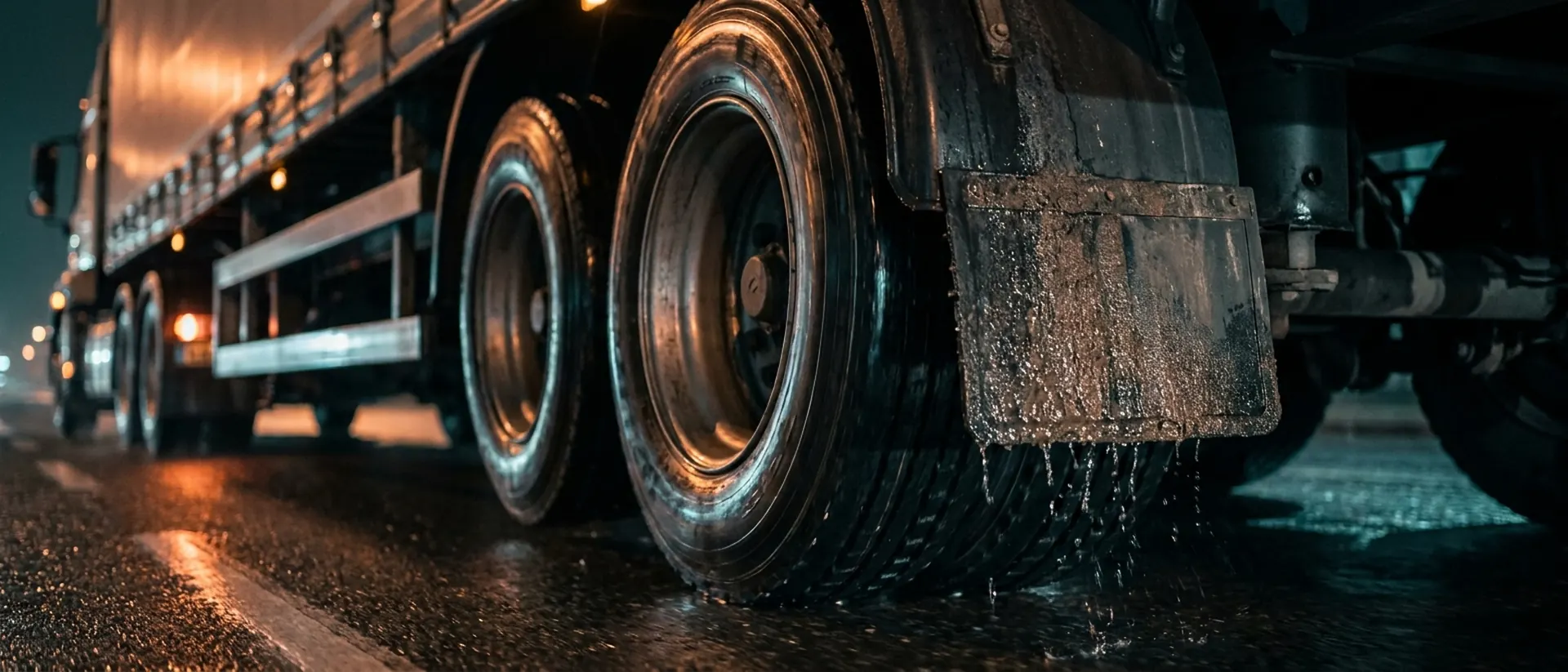 Trailer tyres and mud flap throwing spray on wet asphalt at night