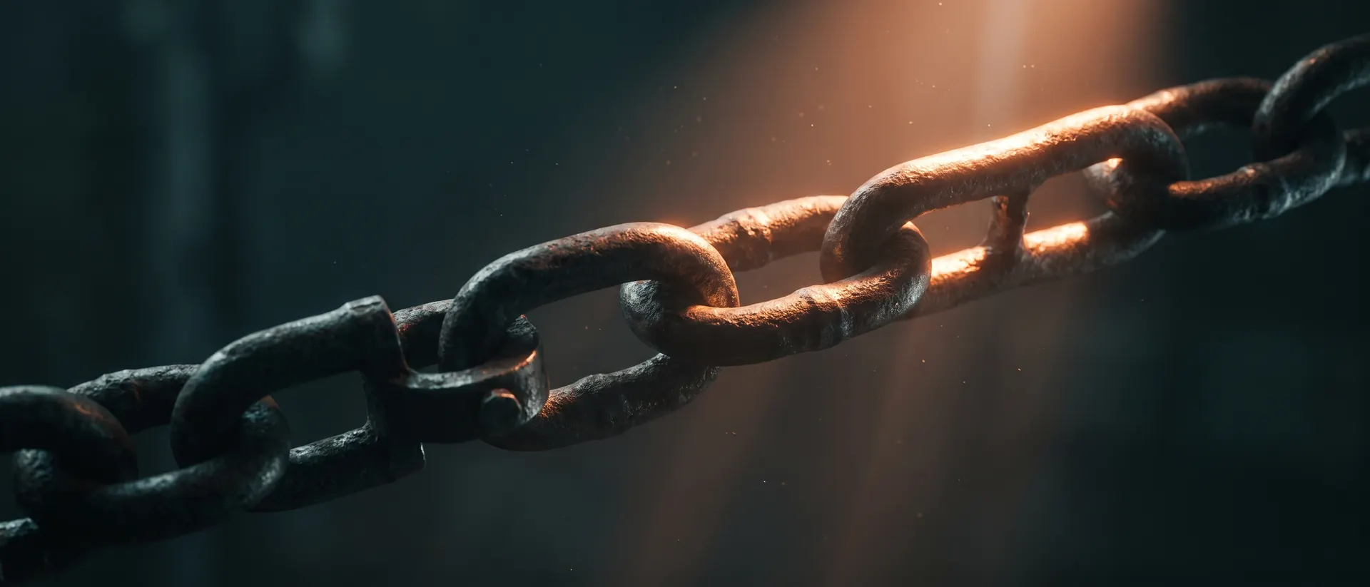 Forged steel chain and shackle under load, links catching a copper highlight