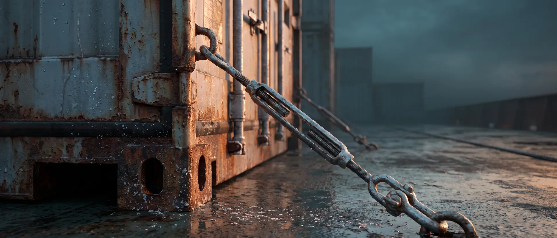 Lashing rods and turnbuckles tensioned against a container stack at sea
