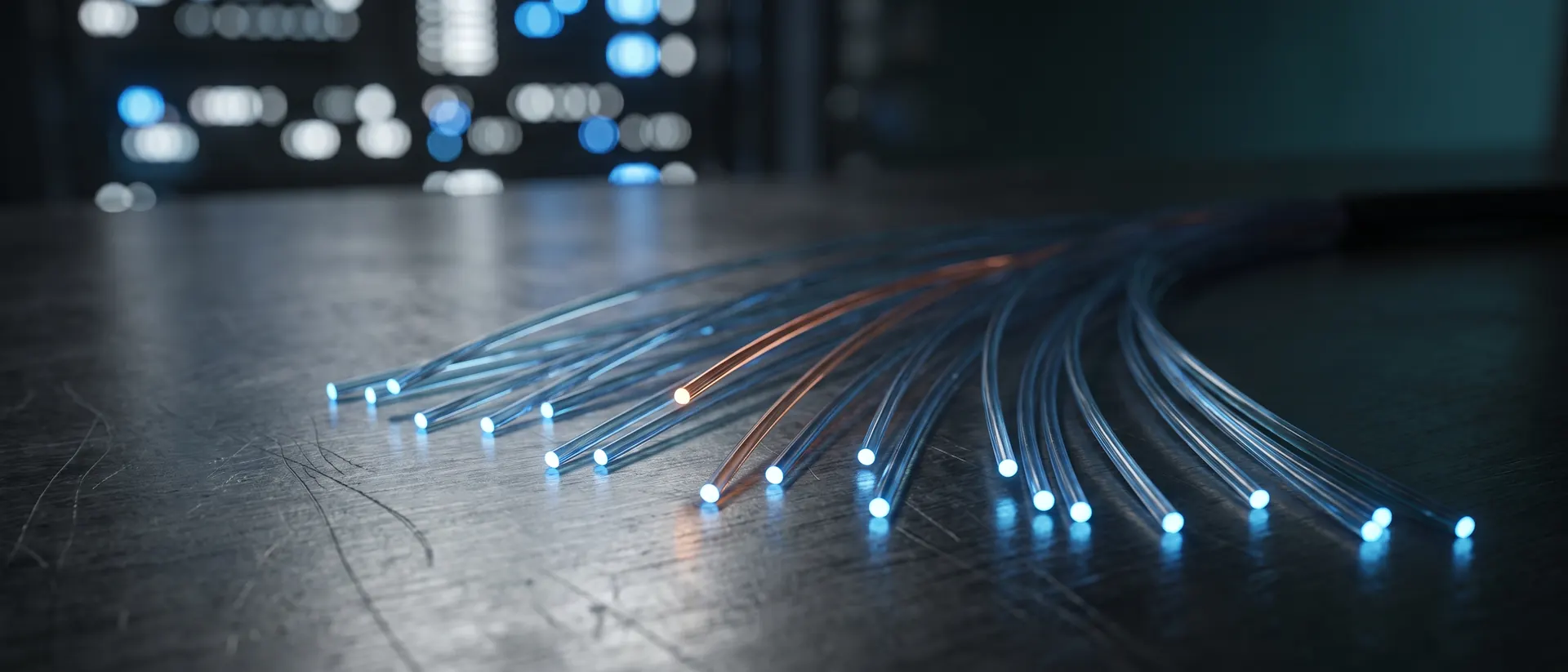 Fibre optic strands fanned out on dark metal with glowing tips