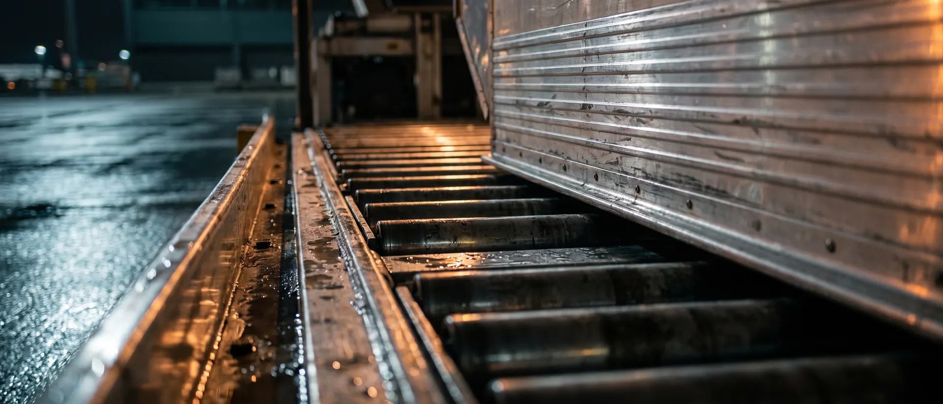 Plataforma de rodillos de un cargador de pallets con el borde de un ULD deslizando