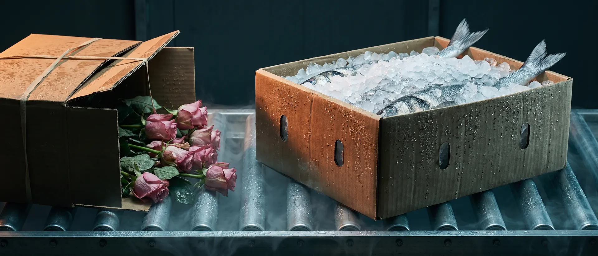 Caja de pescado en hielo junto a una caja de flor cortada sobre una plataforma de rodillos