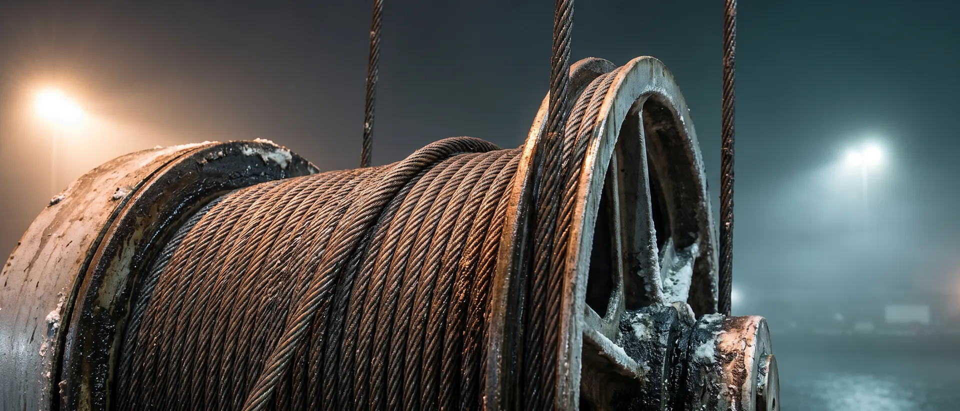 Tambor y polea de una grúa de muelle con cable de acero enrollado