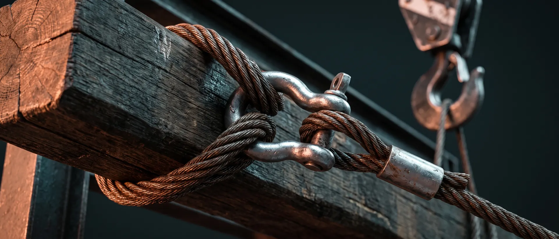 Grillete y eslinga de cable de acero en tensión sobre una cuna de madera
