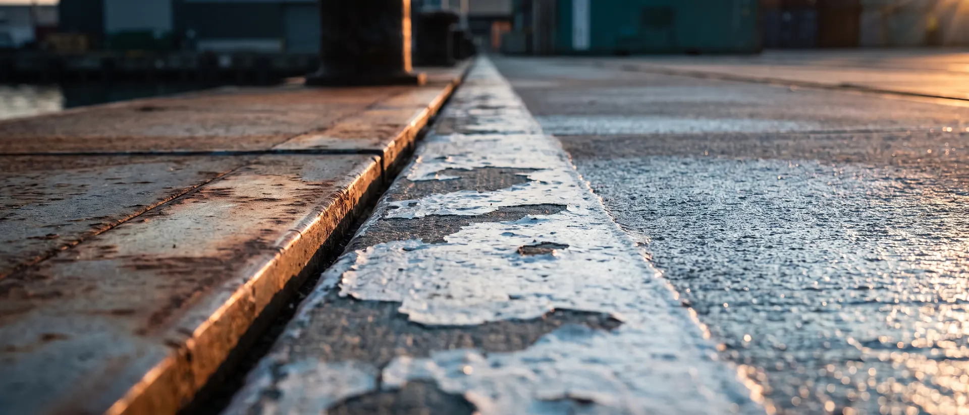 Línea pintada en un muelle dividiendo el acero del barco del concreto de tierra