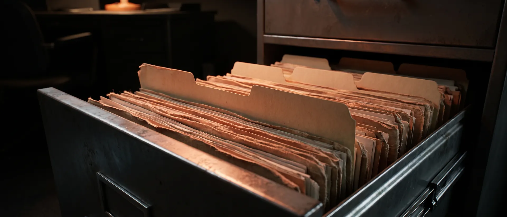 Cajón de archivo con folders de expediente, uno ligeramente adelantado