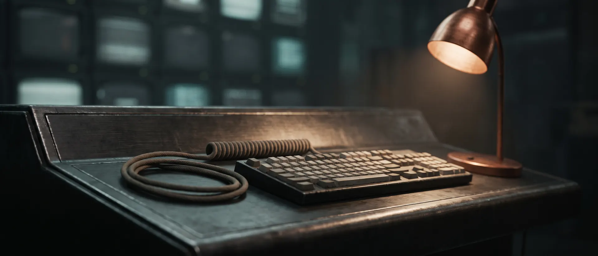 Canto de una consola de sala de control con teclado apagado y cable enrollado