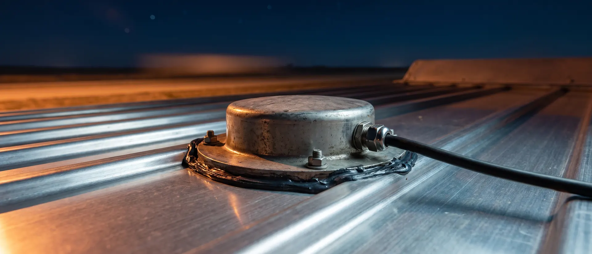 Antena GPS atornillada al techo de aluminio de un remolque bajo cielo nocturno
