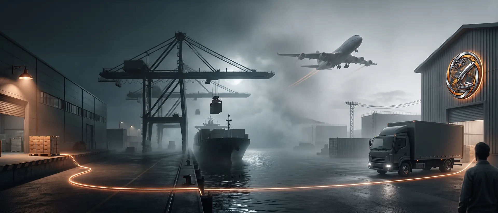 Panorámica nocturna de una importación puerta a puerta: fábrica de origen, grúa portuaria, avión de carga y camión llegando a una bodega, unidos por una línea de luz cobre