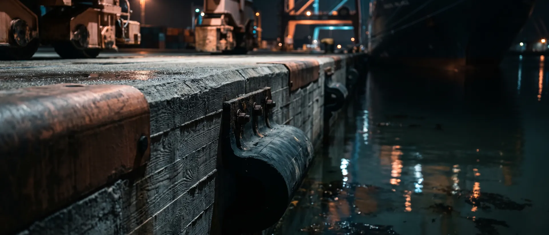 Defensa de hule atornillada al canto de un muelle de concreto nuevo