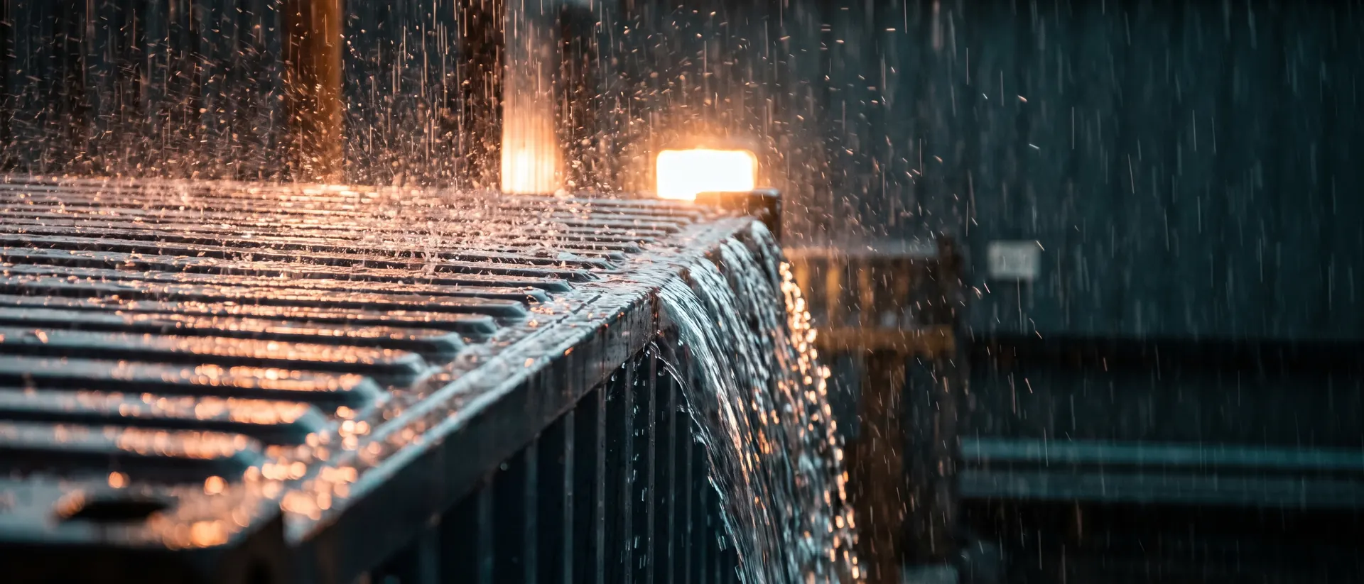 Lluvia golpeando el techo corrugado de un contenedor y cayendo en cortina