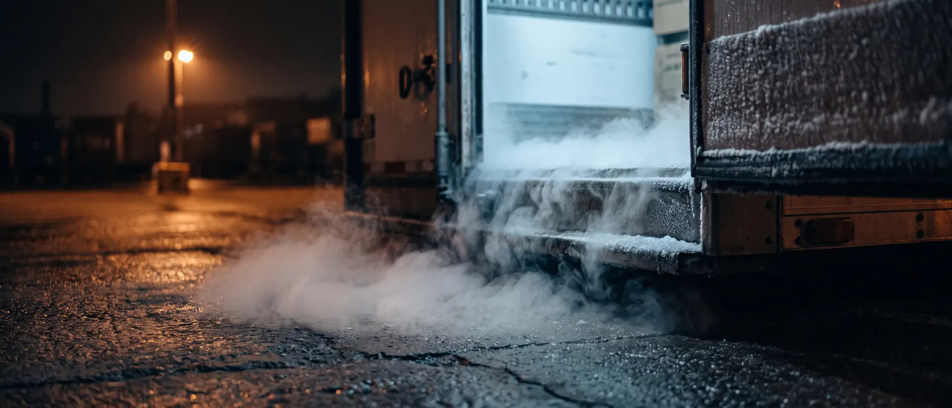 Vapor frío desbordando el umbral trasero de un remolque refrigerado