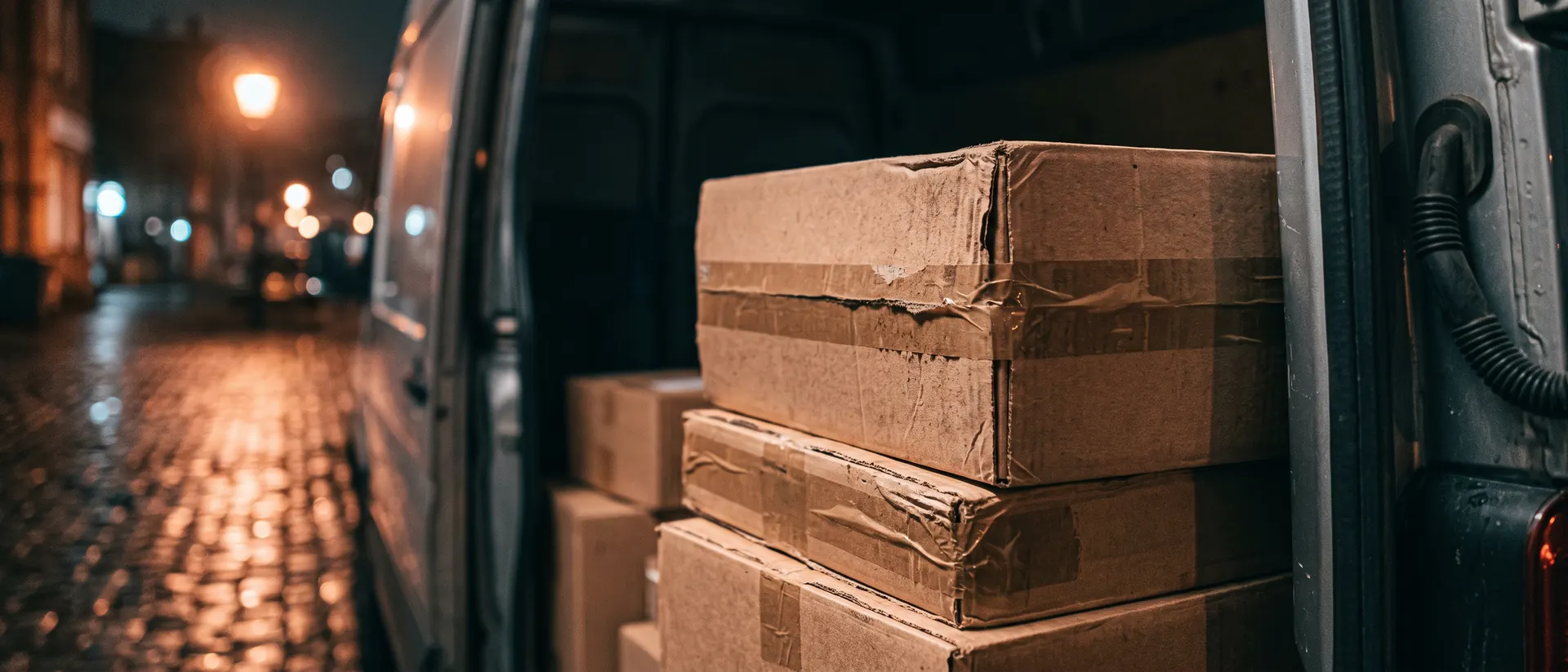 Paquetes apilados en las puertas traseras de una van de reparto antes del amanecer