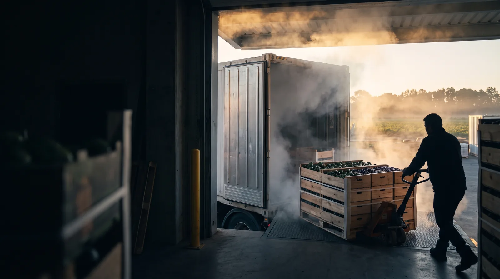 Operario llevando una tarima de cajas de producto fresco hacia una caja refrigerada en el andén de un empaque