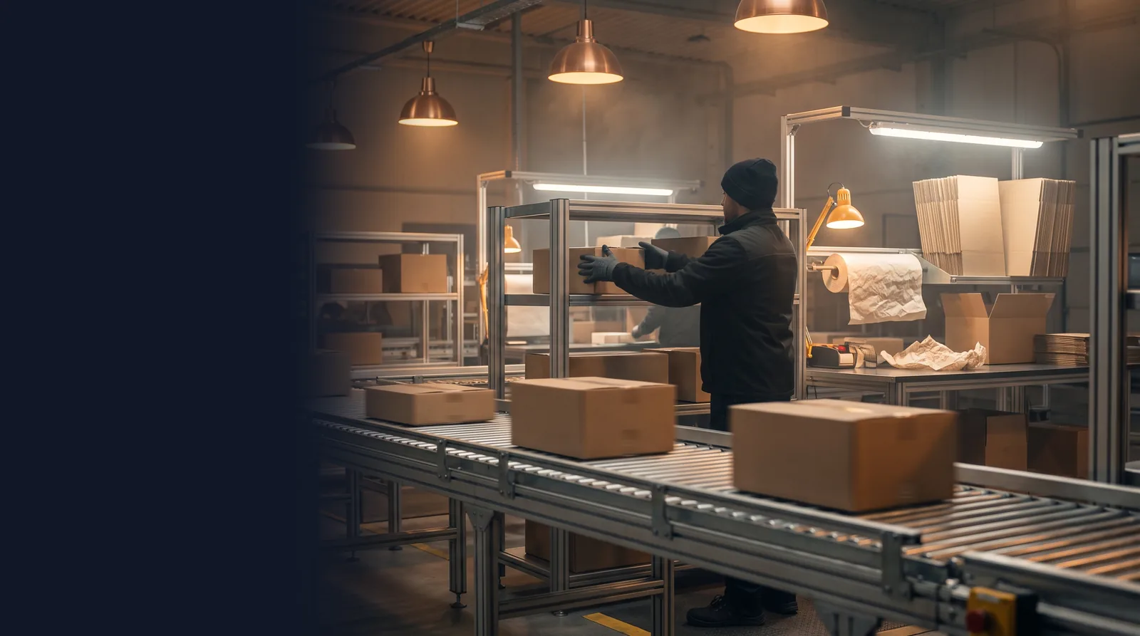 Operario preparando cajas de pedidos sobre una banda transportadora en un centro de distribución