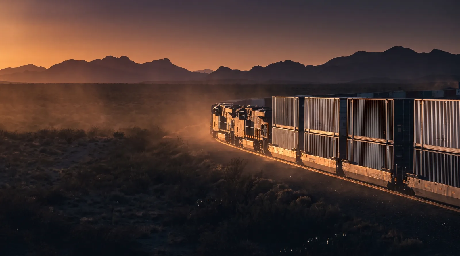 Tren de carga con contenedores de doble estiba cruzando una llanura al atardecer