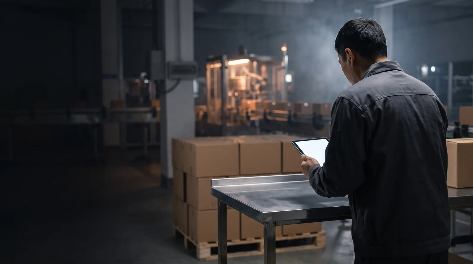 Inspector con tableta revisando cajas de producto terminado dentro de una fábrica